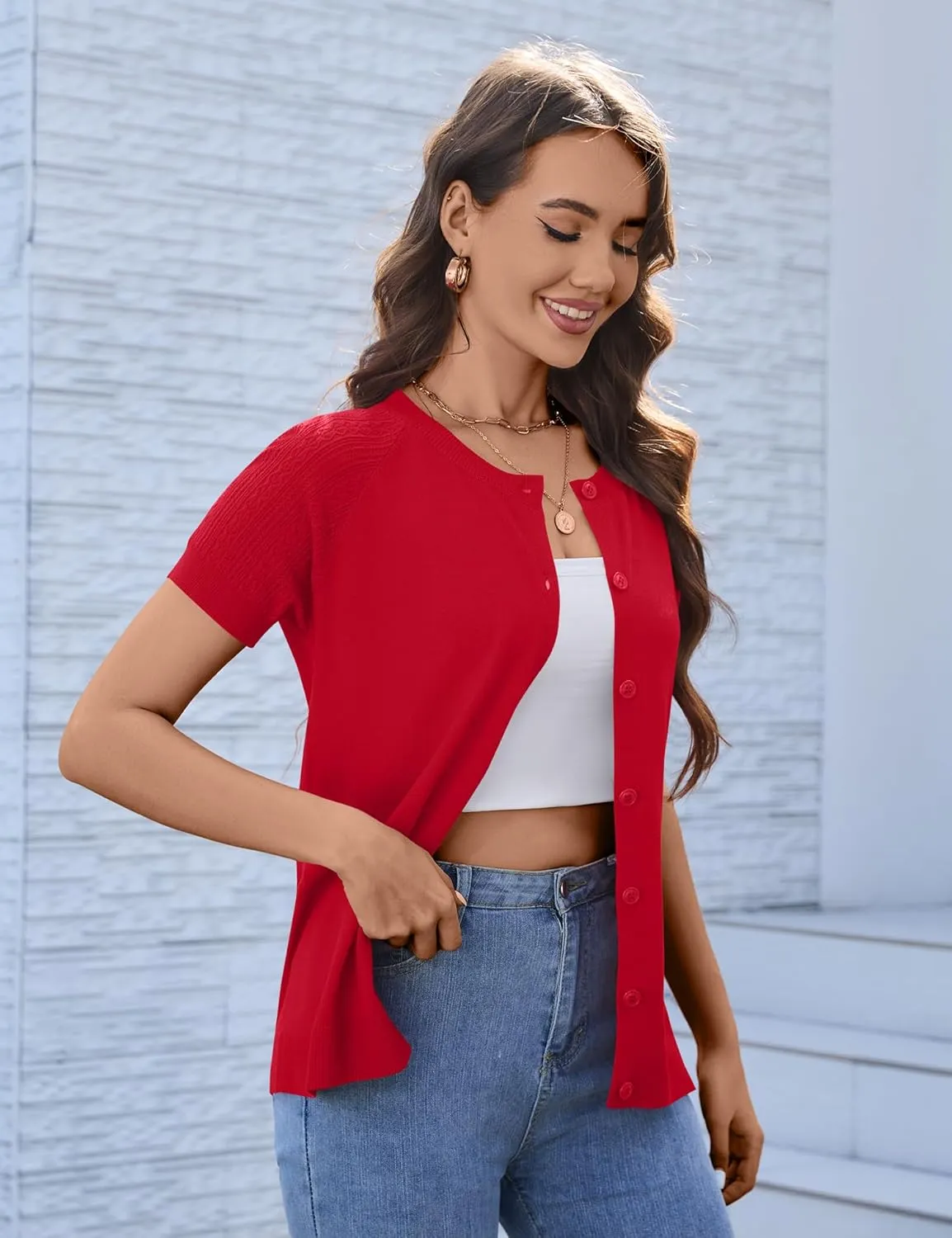 Women's 2025 Short Sleeve Cardigan Button Up Hollowed Out Crewneck Shrug Sweaters Knit Sweater Tops Lightweight