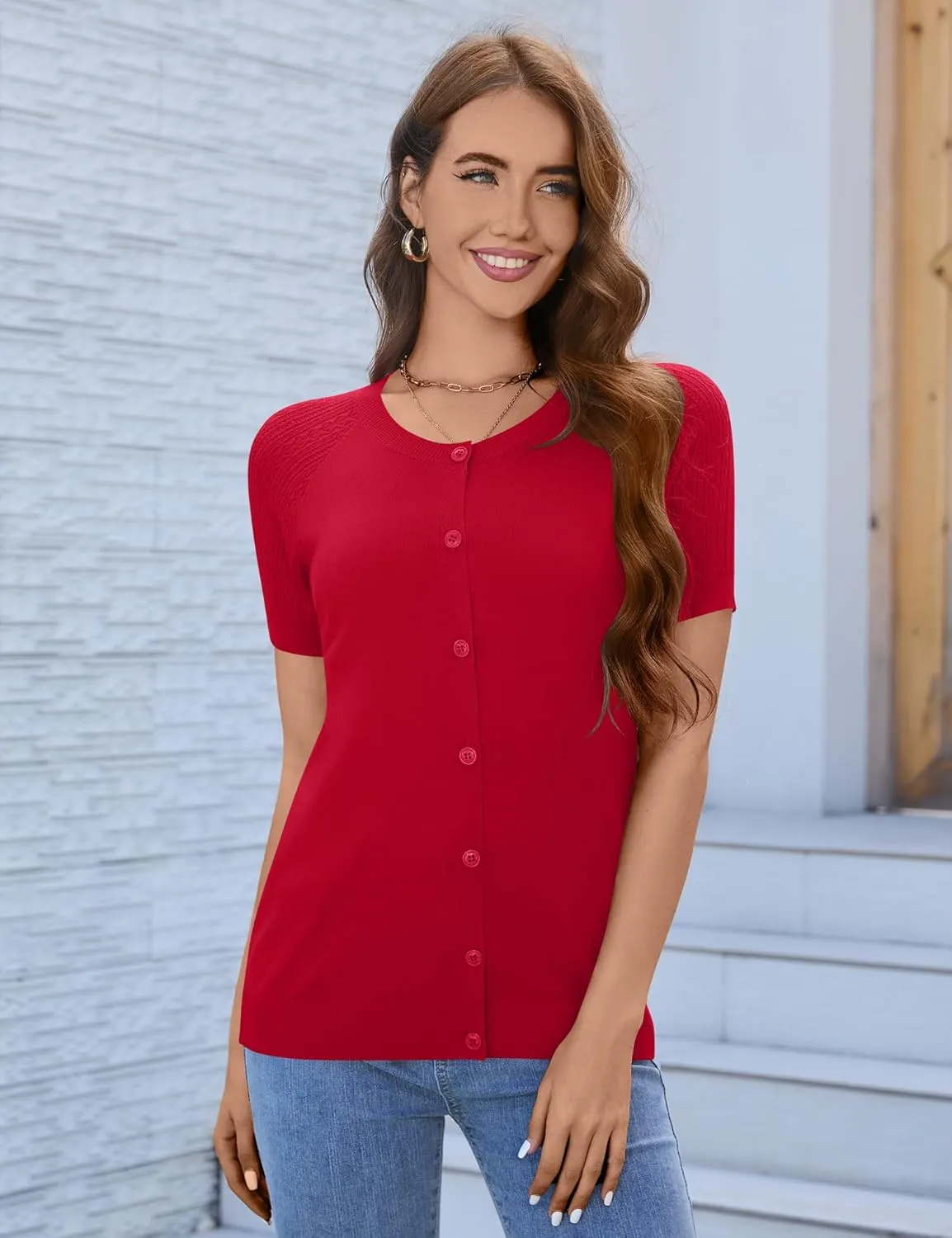 Women's 2025 Short Sleeve Cardigan Button Up Hollowed Out Crewneck Shrug Sweaters Knit Sweater Tops Lightweight