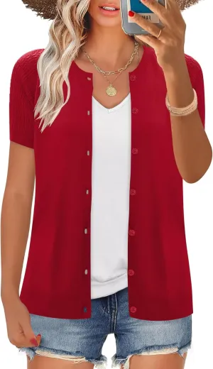 Women's 2025 Short Sleeve Cardigan Button Up Hollowed Out Crewneck Shrug Sweaters Knit Sweater Tops Lightweight