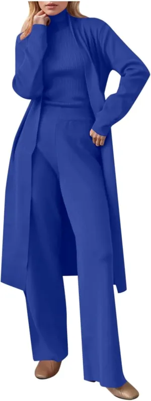 Womens 3 Piece Outfits Knitted Mock Neck Sweater Vest Long Cardigan Wide Leg Pants Suit Fashion Tracksuits 3 Pcs