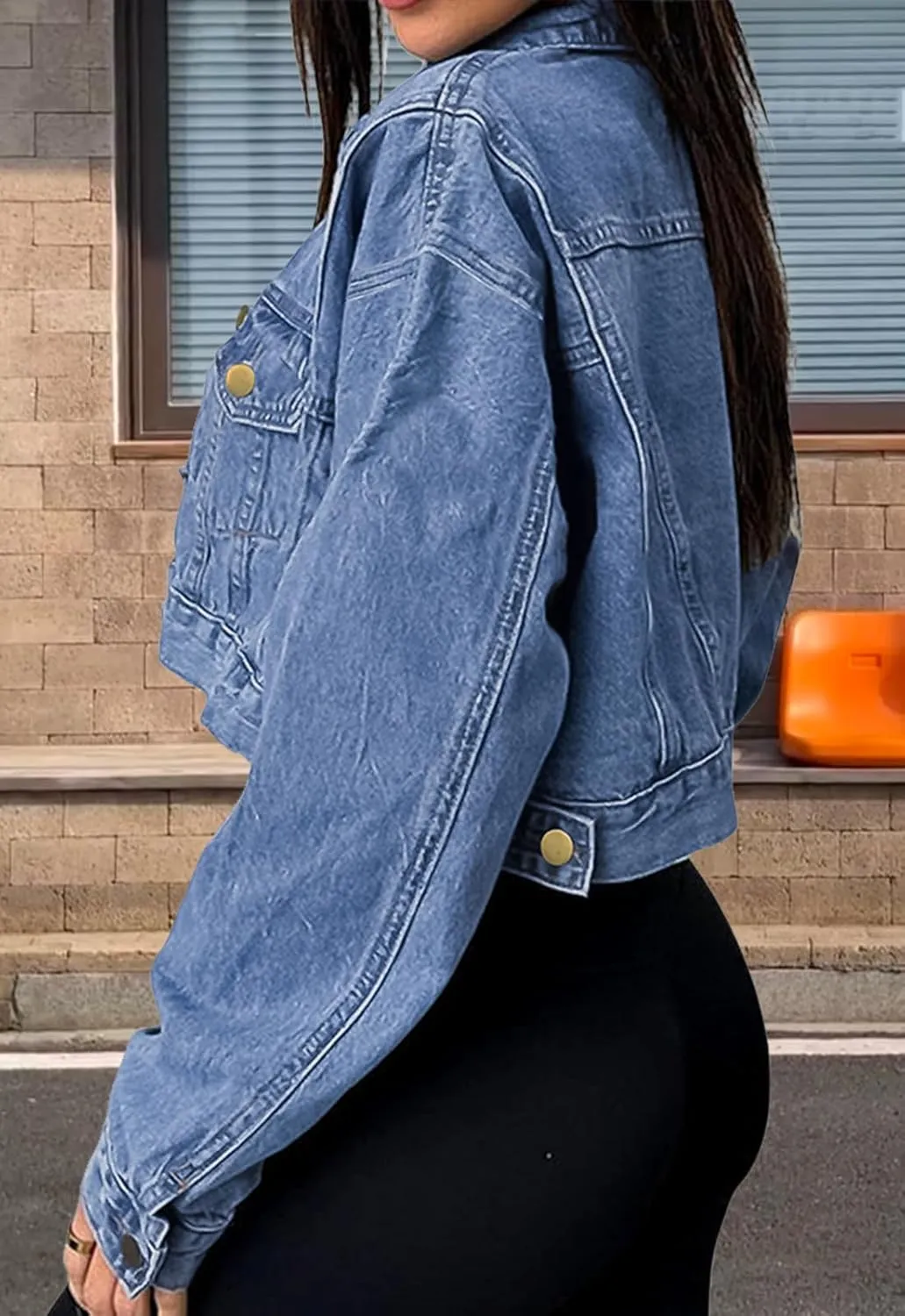 Women's Button Down Jacket Long Sleeve Cropped Top Denim Jeans Coat