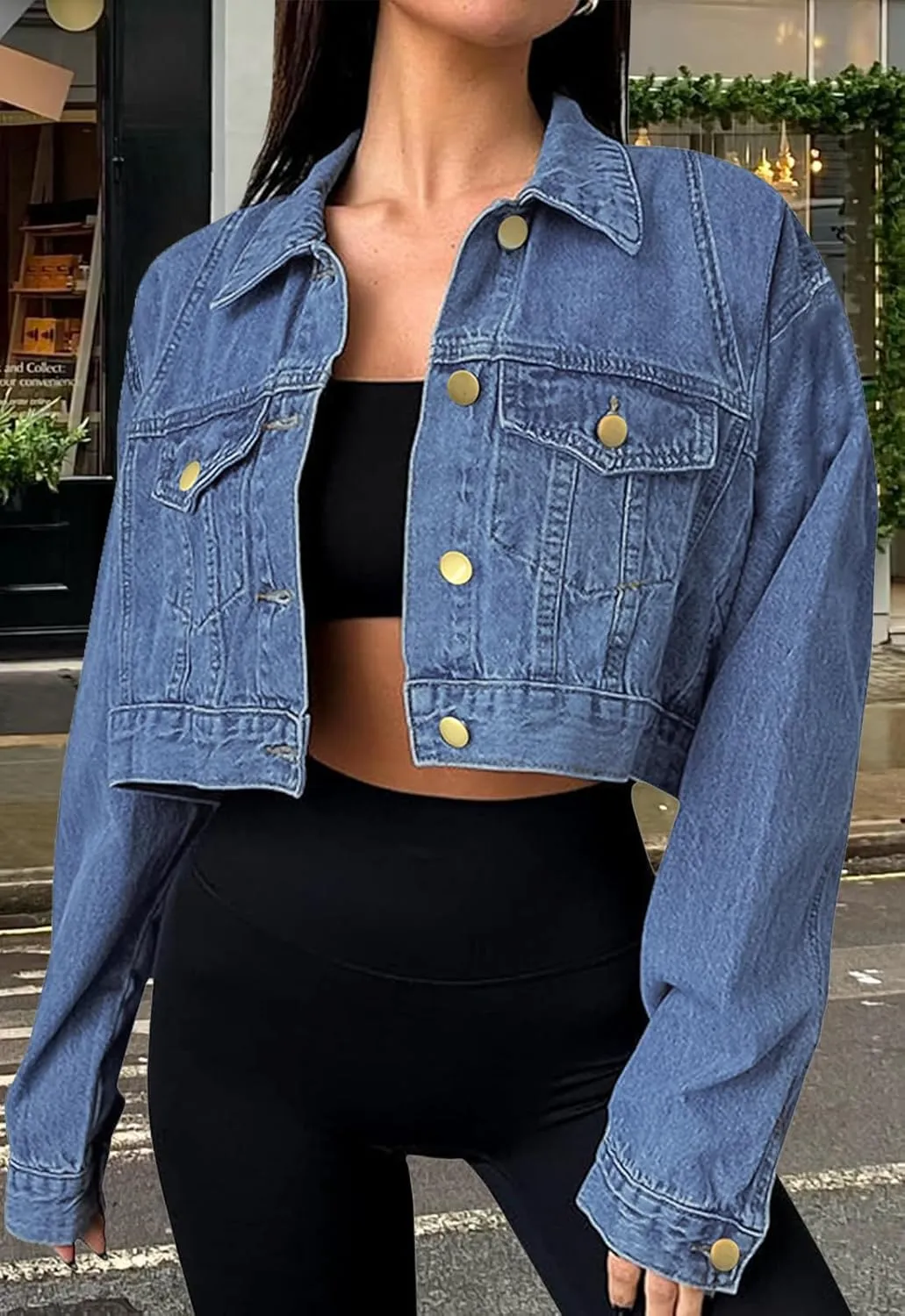 Women's Button Down Jacket Long Sleeve Cropped Top Denim Jeans Coat