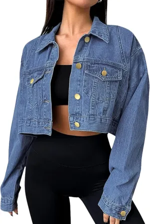 Women's Button Down Jacket Long Sleeve Cropped Top Denim Jeans Coat