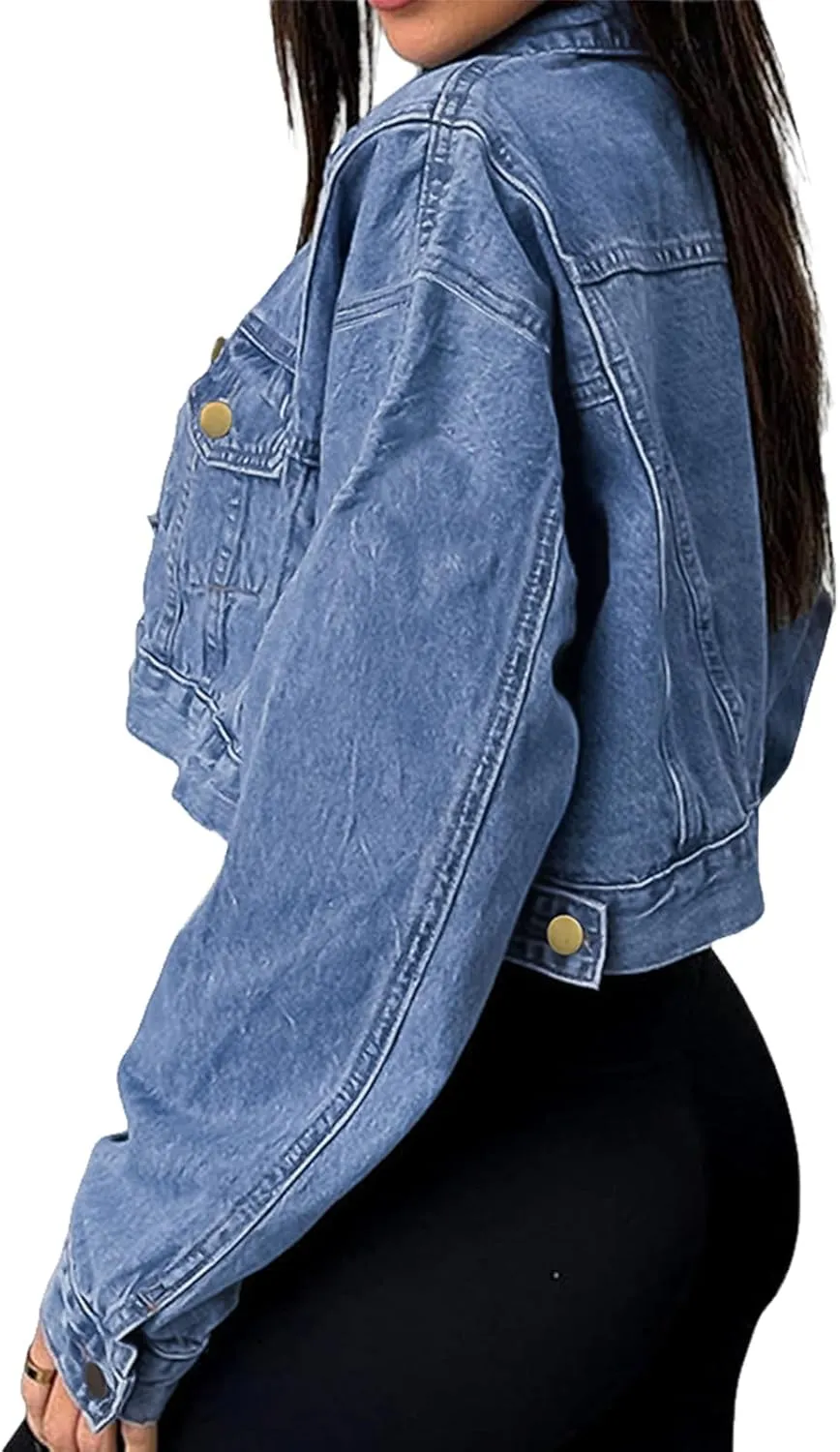 Women's Button Down Jacket Long Sleeve Cropped Top Denim Jeans Coat