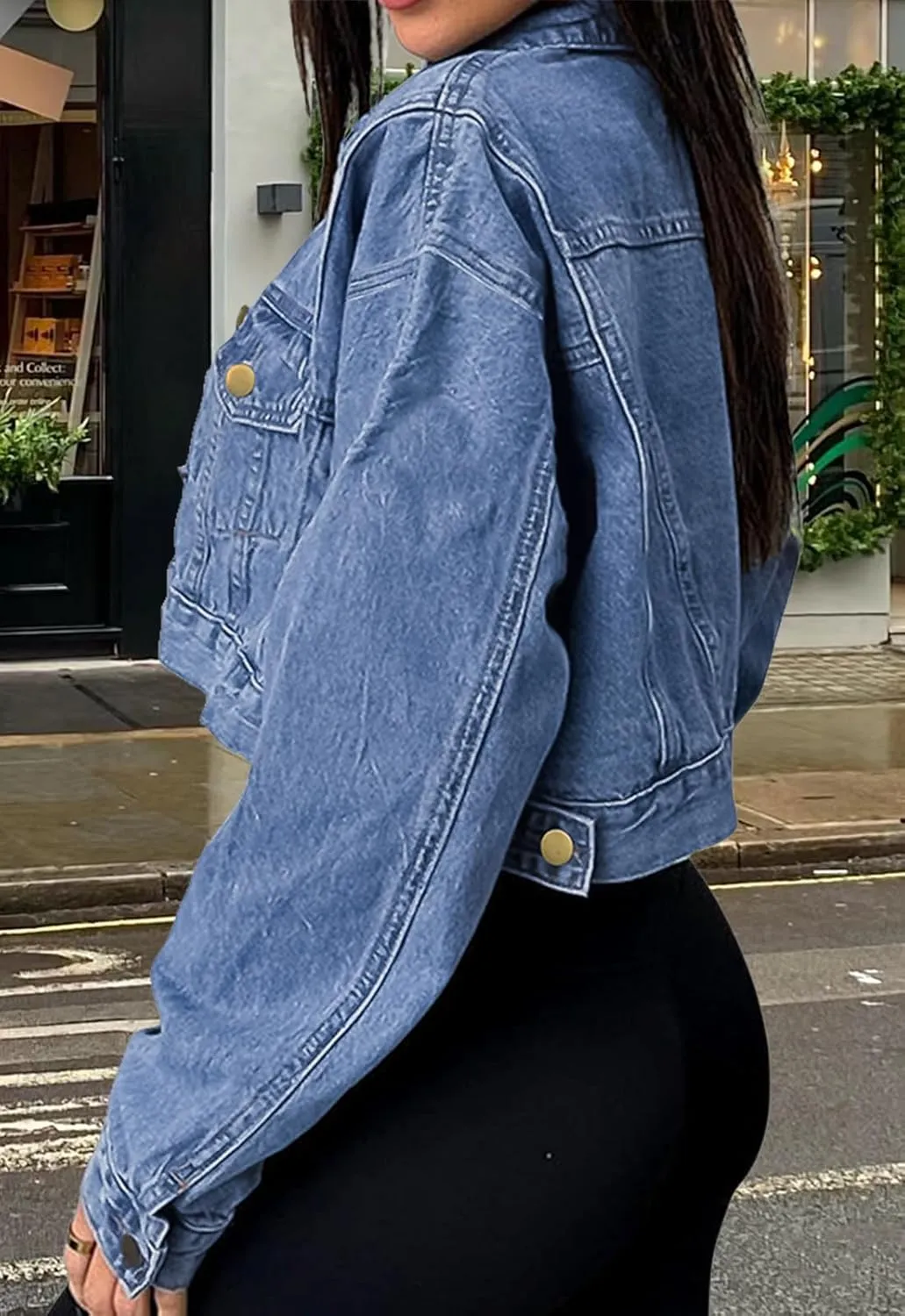 Women's Button Down Jacket Long Sleeve Cropped Top Denim Jeans Coat