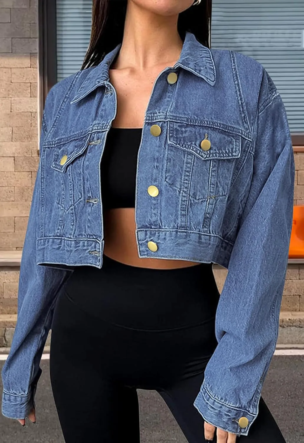 Women's Button Down Jacket Long Sleeve Cropped Top Denim Jeans Coat
