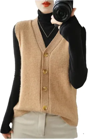 Women's Cashmere Cardigan Vest Autumn/Winter Sweater Vest Sleeveless Pullover Wastcoats