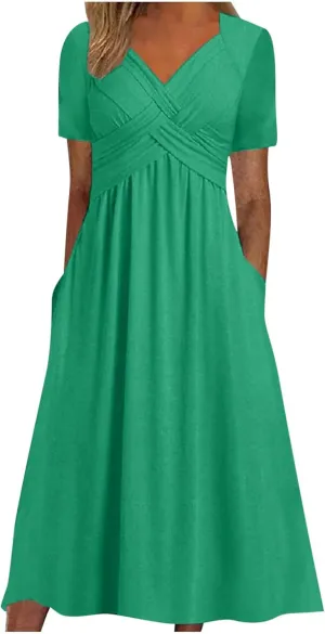 Womens Casual Dresses for Wedding Guest, Criss-Cross Front V Neck Beach Sundress Short Sleeve Maxi Dress with Pocket