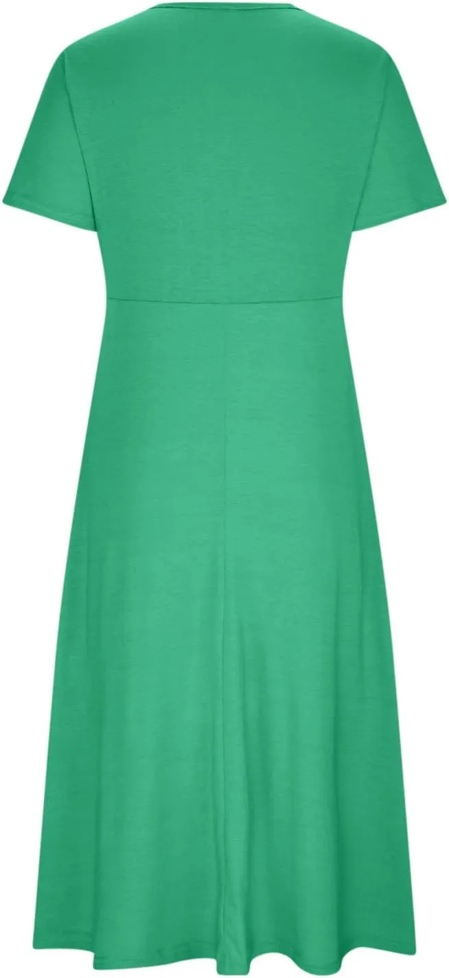 Womens Casual Dresses for Wedding Guest, Criss-Cross Front V Neck Beach Sundress Short Sleeve Maxi Dress with Pocket