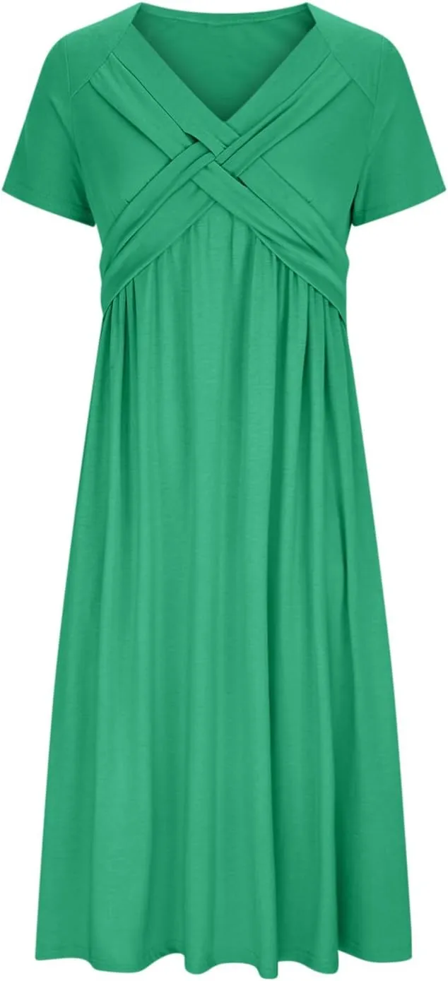 Womens Casual Dresses for Wedding Guest, Criss-Cross Front V Neck Beach Sundress Short Sleeve Maxi Dress with Pocket