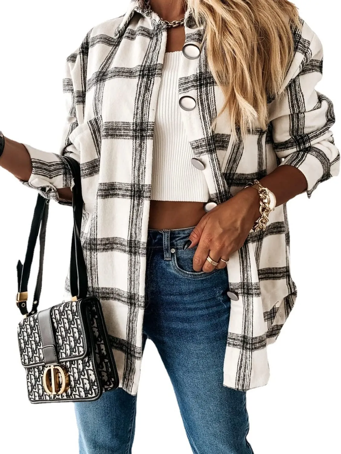 Women's Casual Long Sleeve Tops Fall Blouses Flannel Plaid Button-Down Shirt Jacket with Pockets