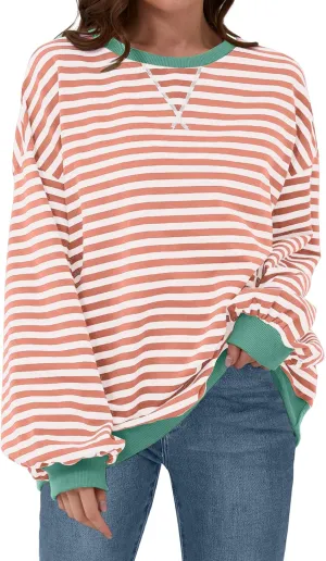 Womens Casual Striped Oversized Sweatshirts Long Sleeve Crewneck Hoodies Shirts Loose Pullover Top