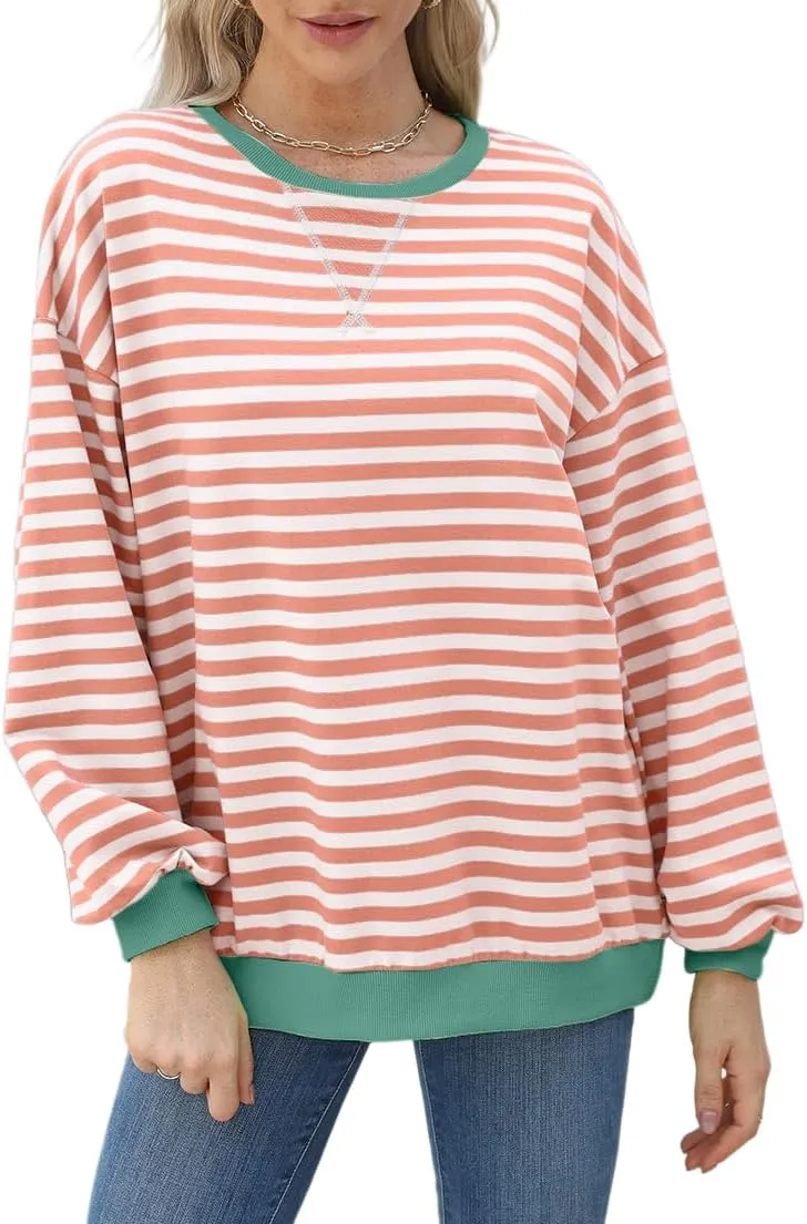 Womens Casual Striped Oversized Sweatshirts Long Sleeve Crewneck Hoodies Shirts Loose Pullover Top