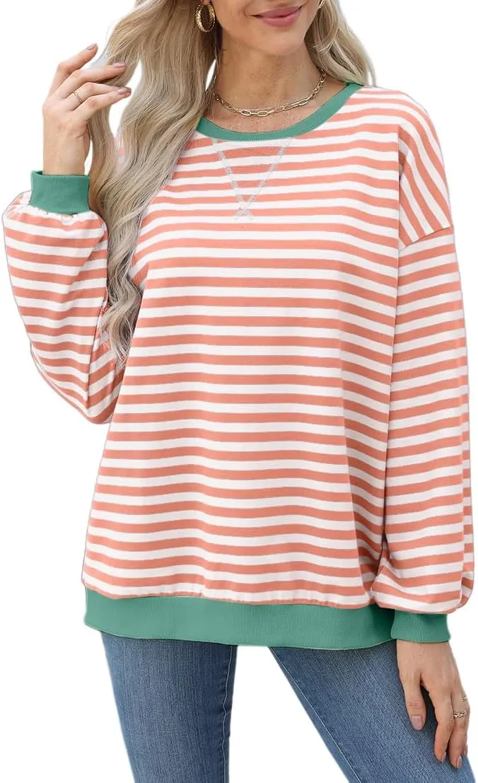 Womens Casual Striped Oversized Sweatshirts Long Sleeve Crewneck Hoodies Shirts Loose Pullover Top