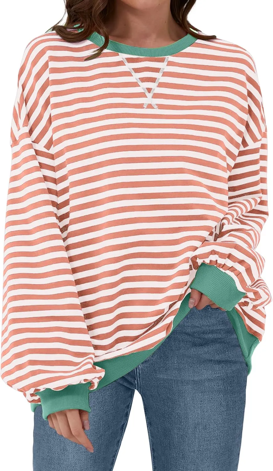 Womens Casual Striped Oversized Sweatshirts Long Sleeve Crewneck Hoodies Shirts Loose Pullover Top