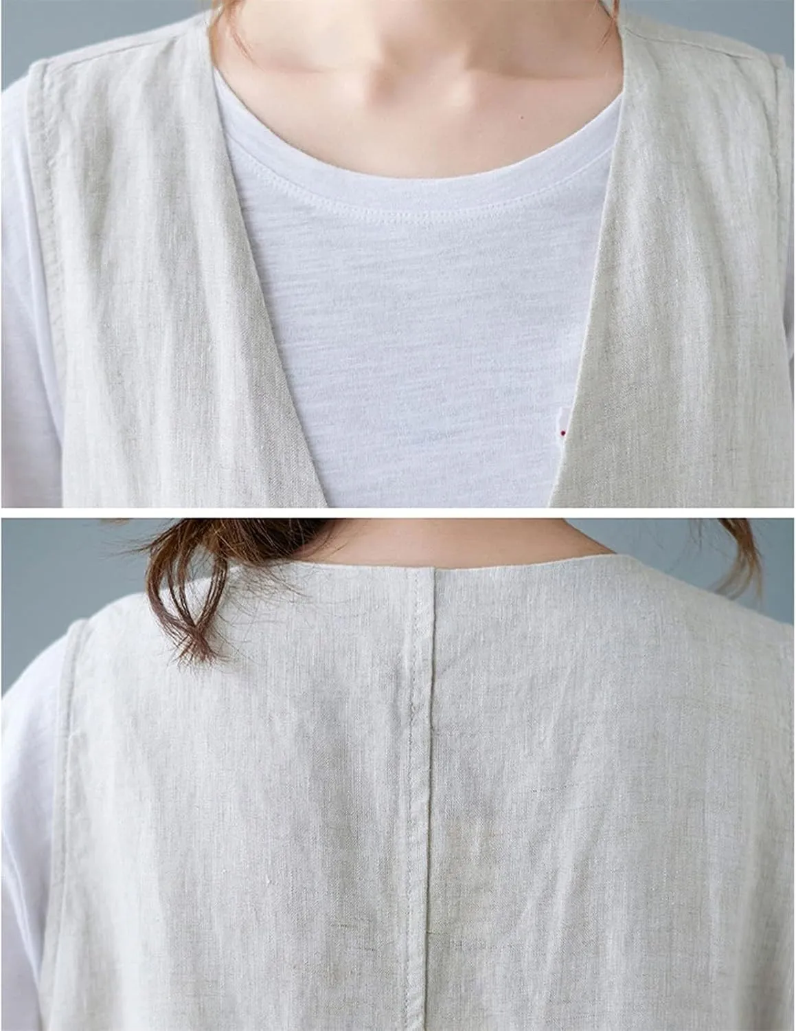 Womens Cotton Linen Vest Casual Loose V Neck Sleeveless Vests With Pockets Summer Clothing