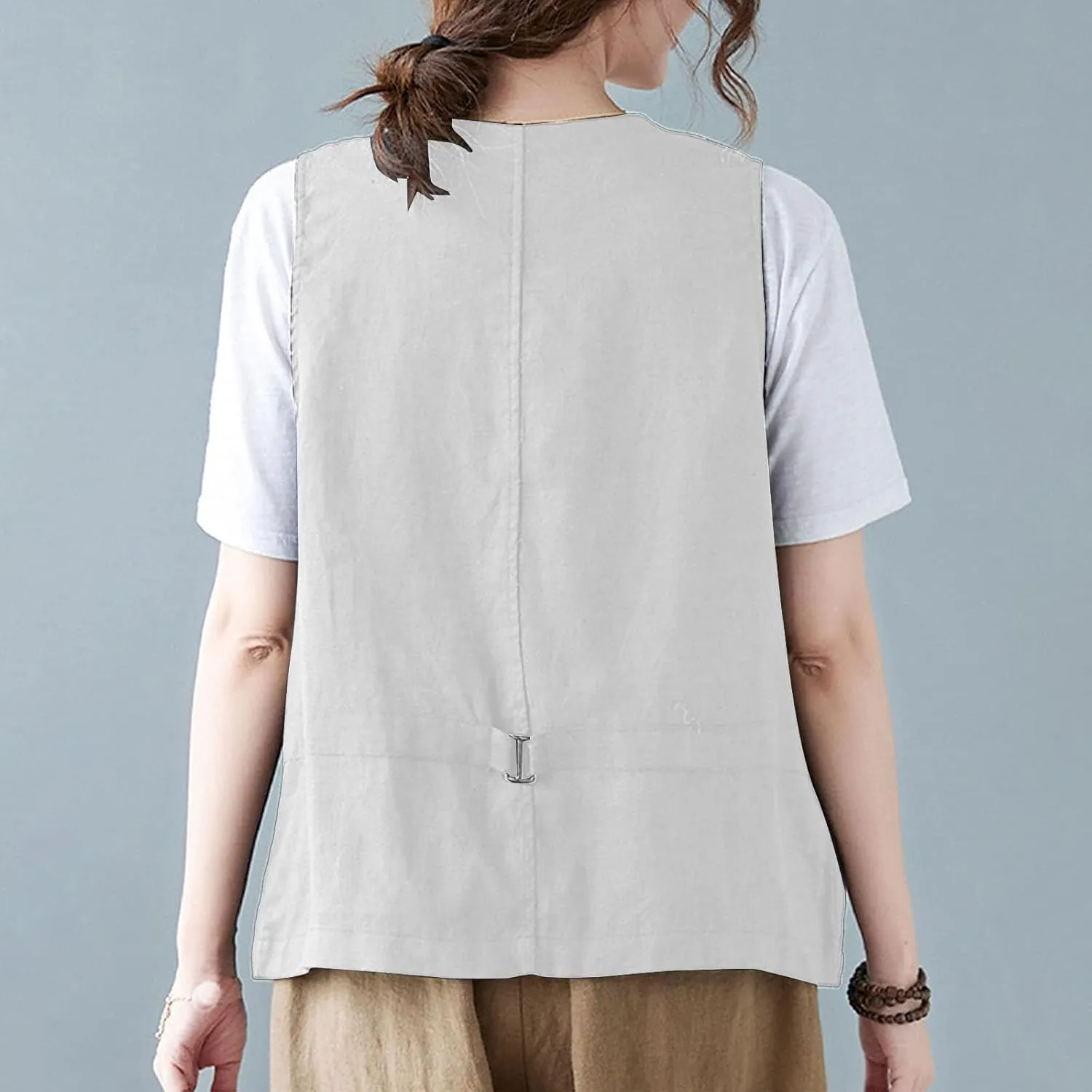 Womens Cotton Linen Vest Casual Loose V Neck Sleeveless Vests With Pockets Summer Clothing