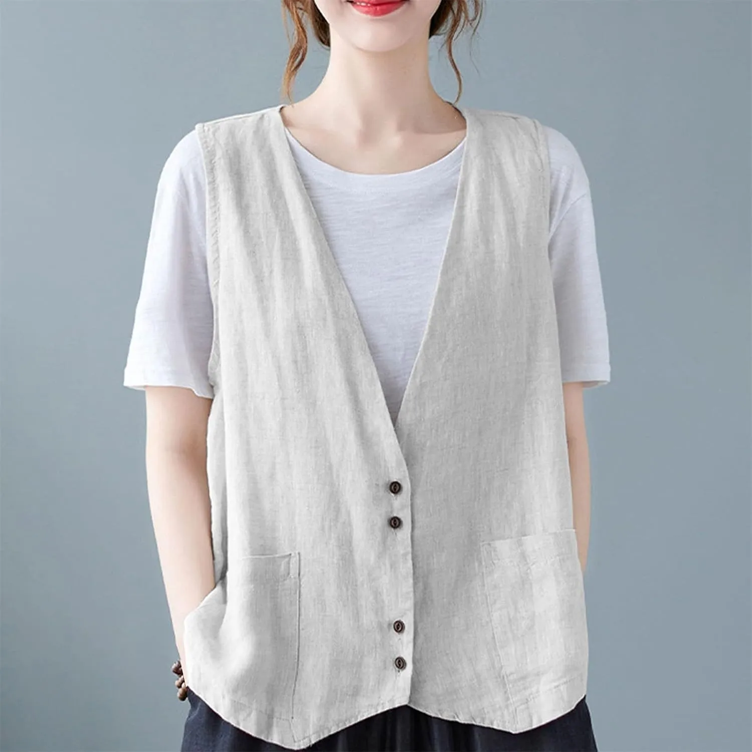 Womens Cotton Linen Vest Casual Loose V Neck Sleeveless Vests With Pockets Summer Clothing