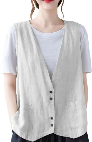 Womens Cotton Linen Vest Casual Loose V Neck Sleeveless Vests With Pockets Summer Clothing