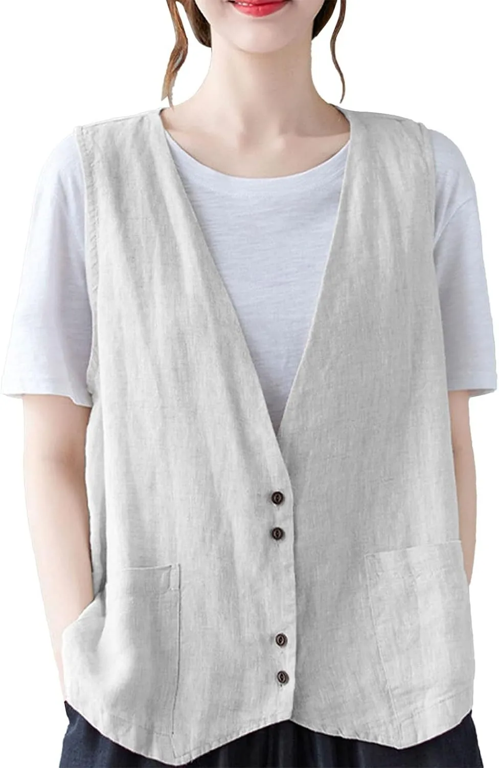 Womens Cotton Linen Vest Casual Loose V Neck Sleeveless Vests With Pockets Summer Clothing