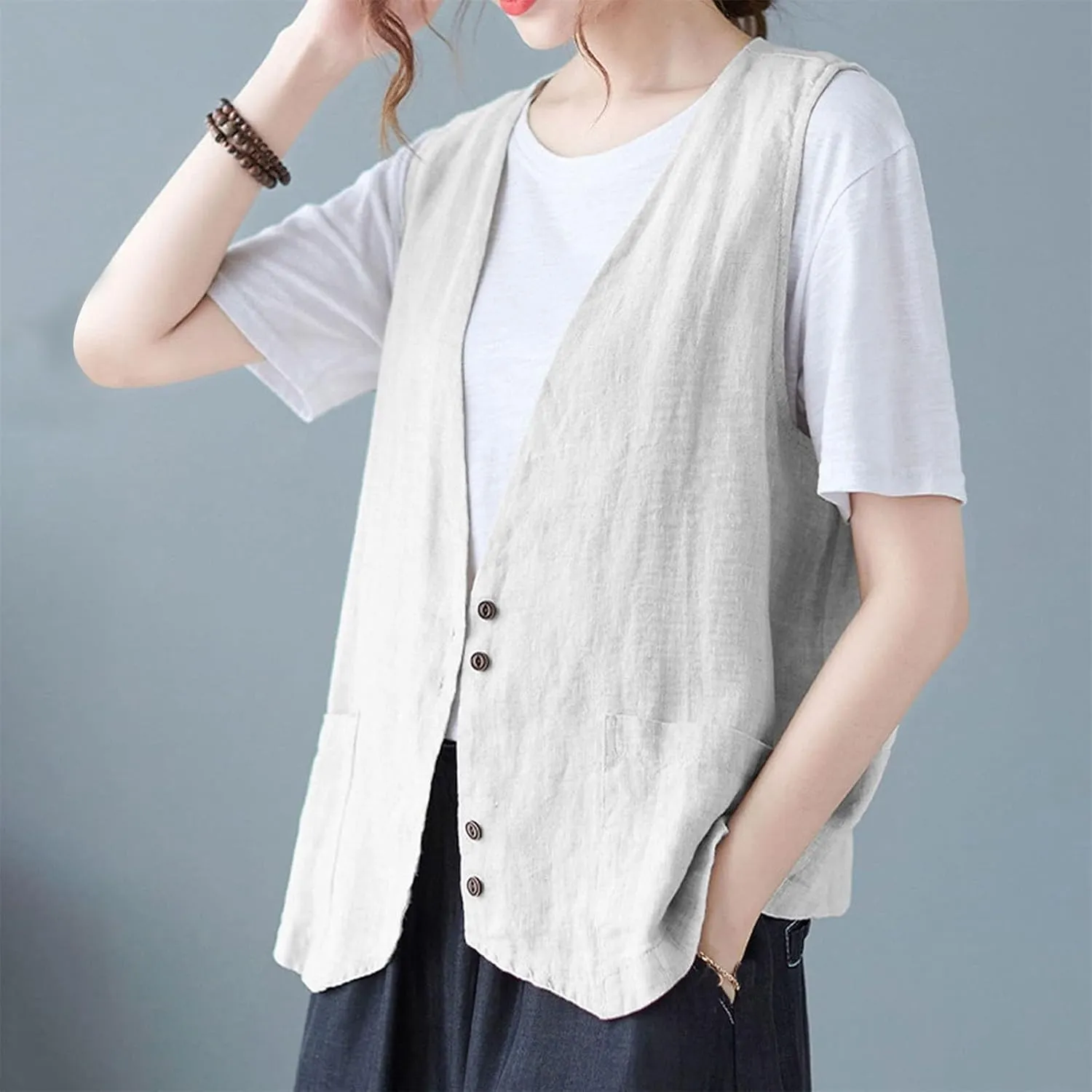Womens Cotton Linen Vest Casual Loose V Neck Sleeveless Vests With Pockets Summer Clothing