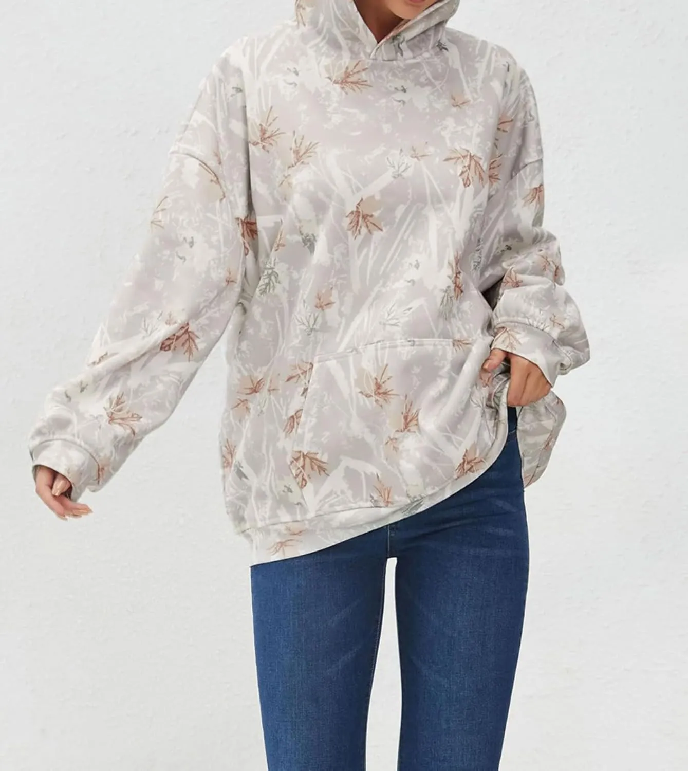 Womens Cotton Maple Leaf Print Hoodies Camo Oversized Hooded Long Sleeve Pullover Shirt With Pocket