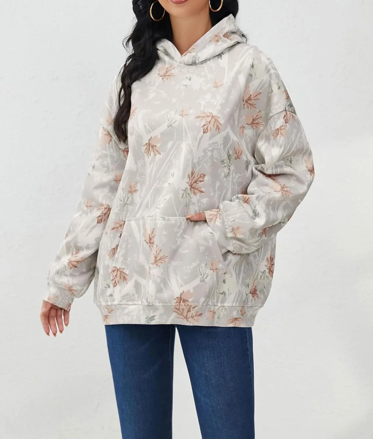 Womens Cotton Maple Leaf Print Hoodies Camo Oversized Hooded Long Sleeve Pullover Shirt With Pocket