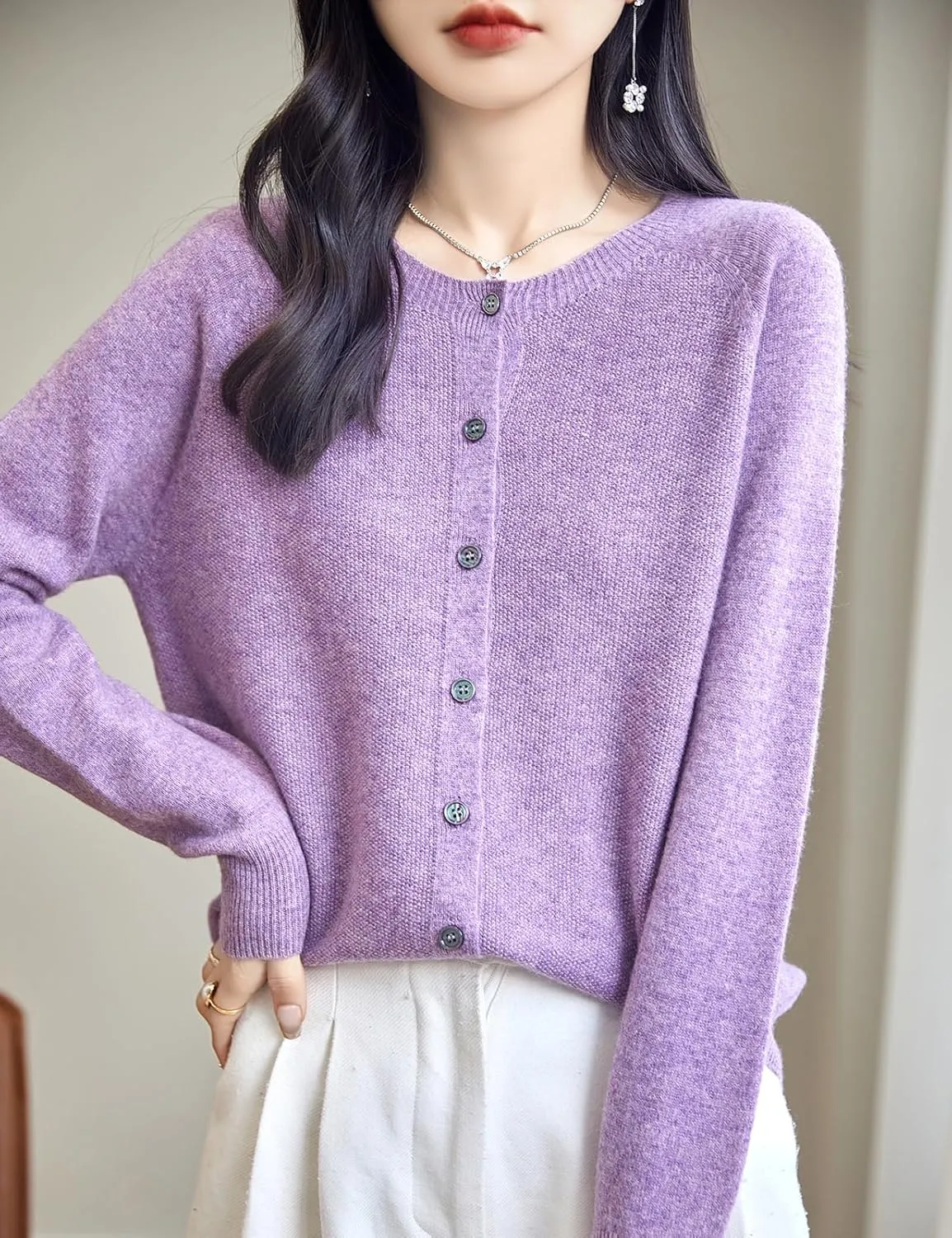Women's Crewneck 100% Merino Wool Sweater 2025 Spring Fall Solid Long Sleeve Seamless Knitted Cardigan Sweater