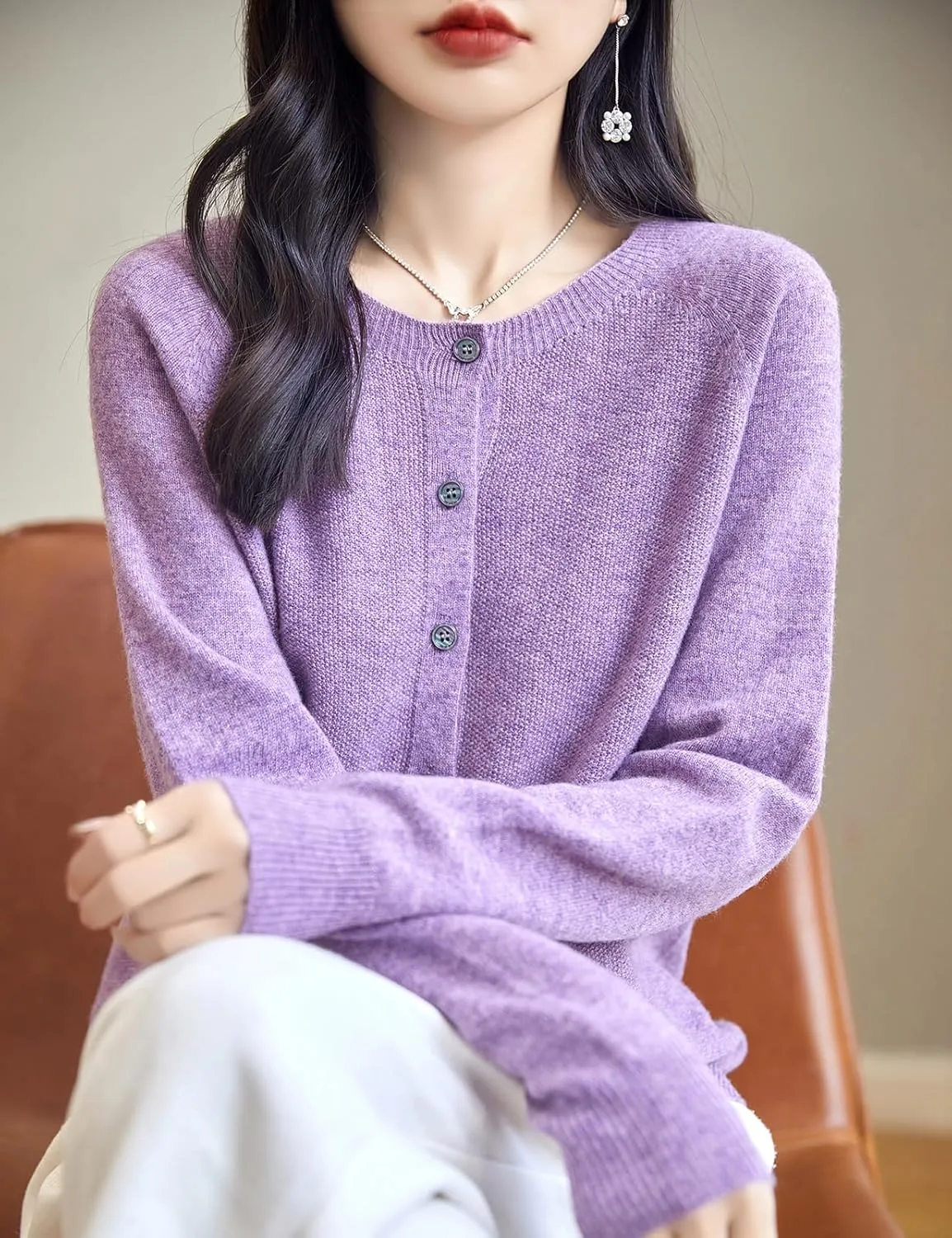 Women's Crewneck 100% Merino Wool Sweater 2025 Spring Fall Solid Long Sleeve Seamless Knitted Cardigan Sweater
