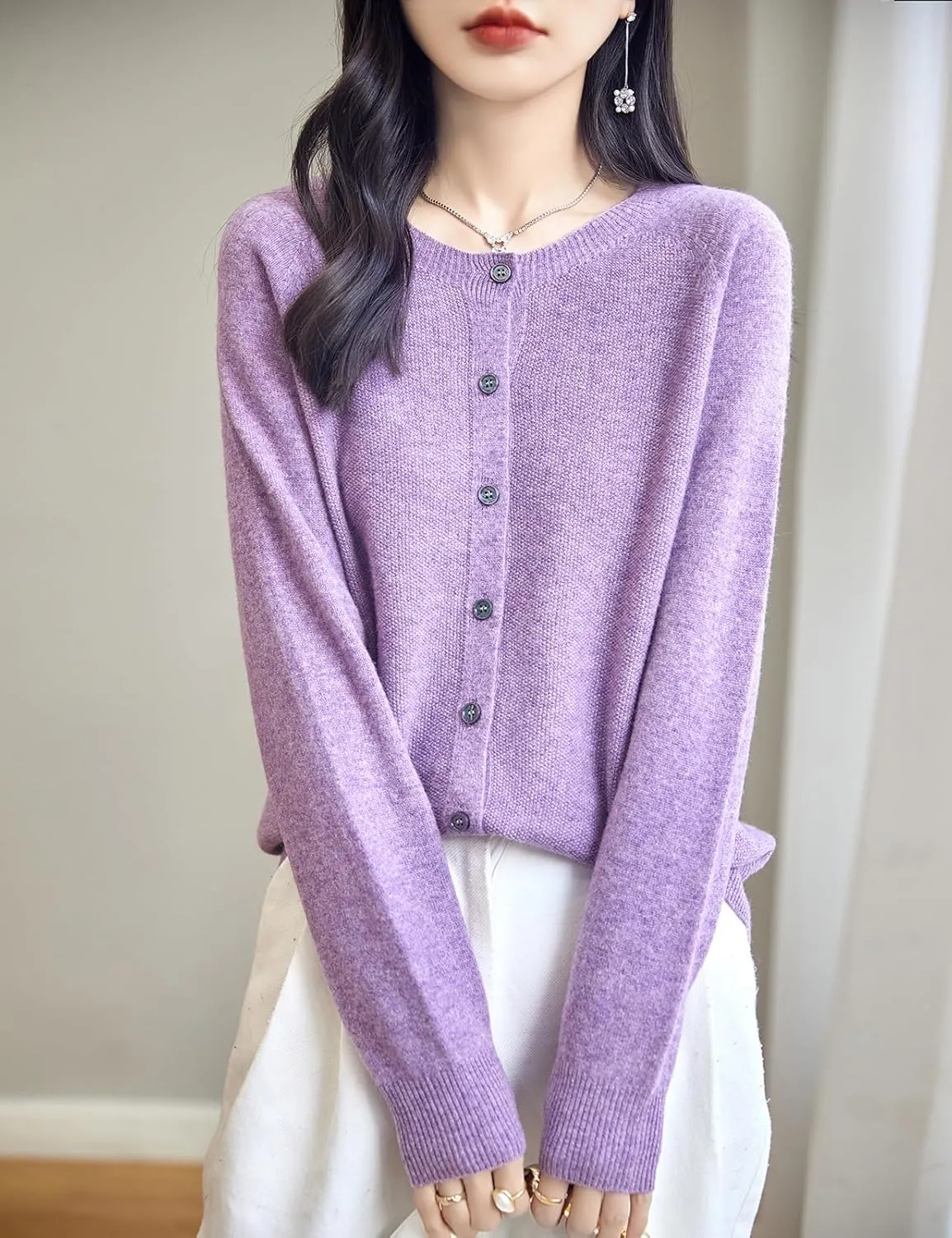 Women's Crewneck 100% Merino Wool Sweater 2025 Spring Fall Solid Long Sleeve Seamless Knitted Cardigan Sweater