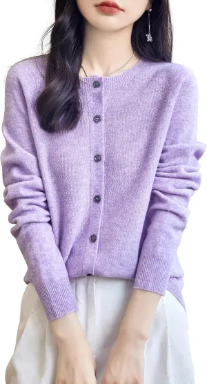Women's Crewneck 100% Merino Wool Sweater 2025 Spring Fall Solid Long Sleeve Seamless Knitted Cardigan Sweater