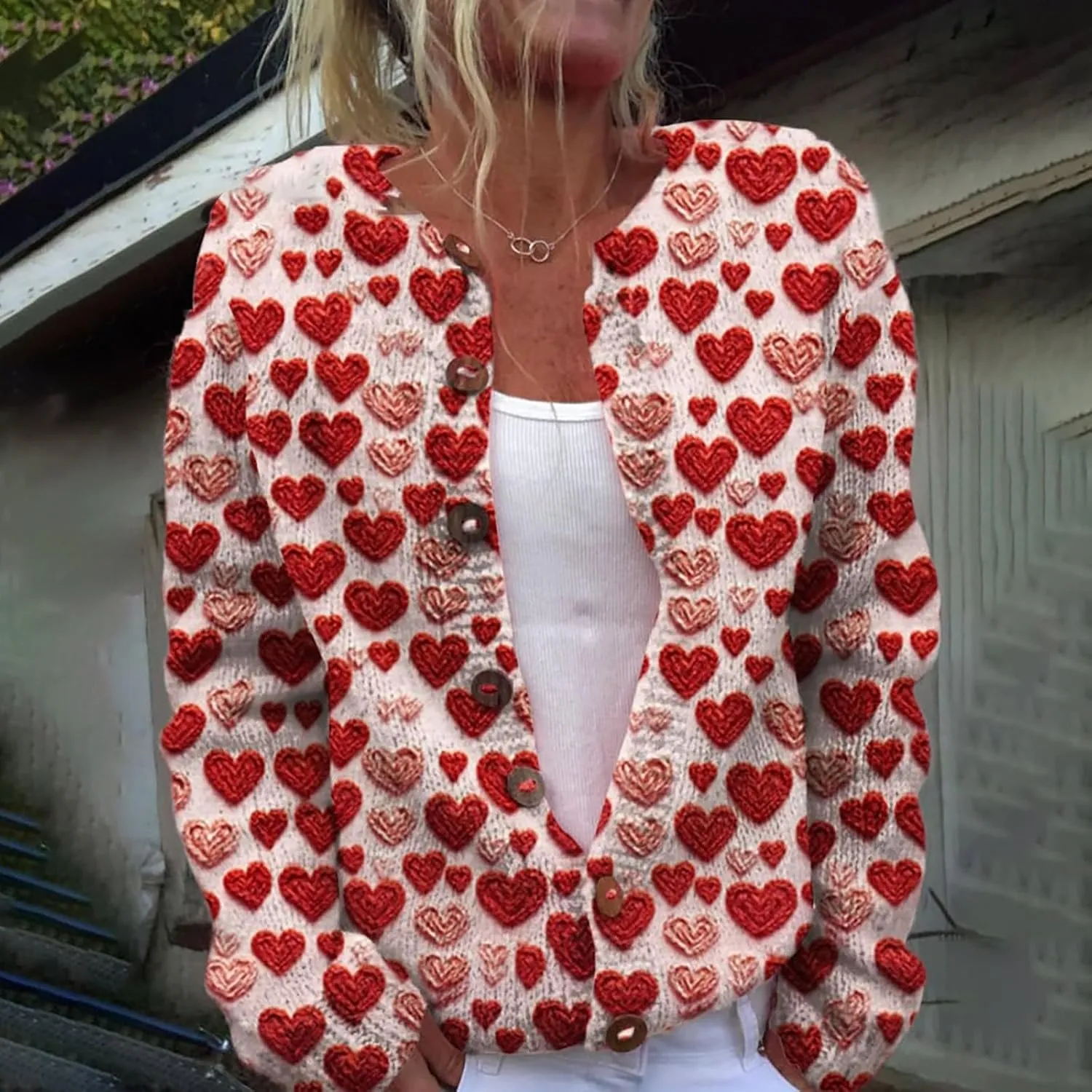 Women's Cute Pattern Printed Sweater Cardigan Long Sleeve Button Open Love Heart Knitted Sweater Outwear Coat