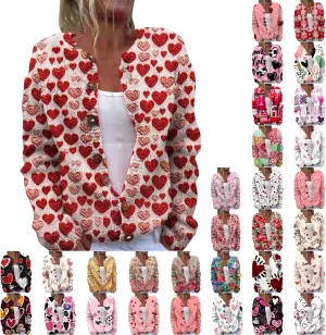 Women's Cute Pattern Printed Sweater Cardigan Long Sleeve Button Open Love Heart Knitted Sweater Outwear Coat