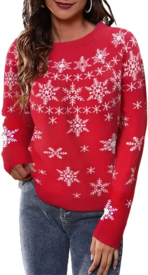 Women's Fall Winter Crew Neck Knitted Sweater Vintage Animal Floral Ethnic Geometry Snowflake Cropped Boho Pullover Tops