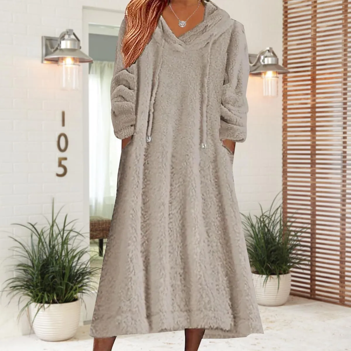 Women's Fuzzy Fleece Hoodie Maxi Dress Fall Winter Casual Long Sleeve Flannel A Line Sherpa Hooded Sweatshirt Dress