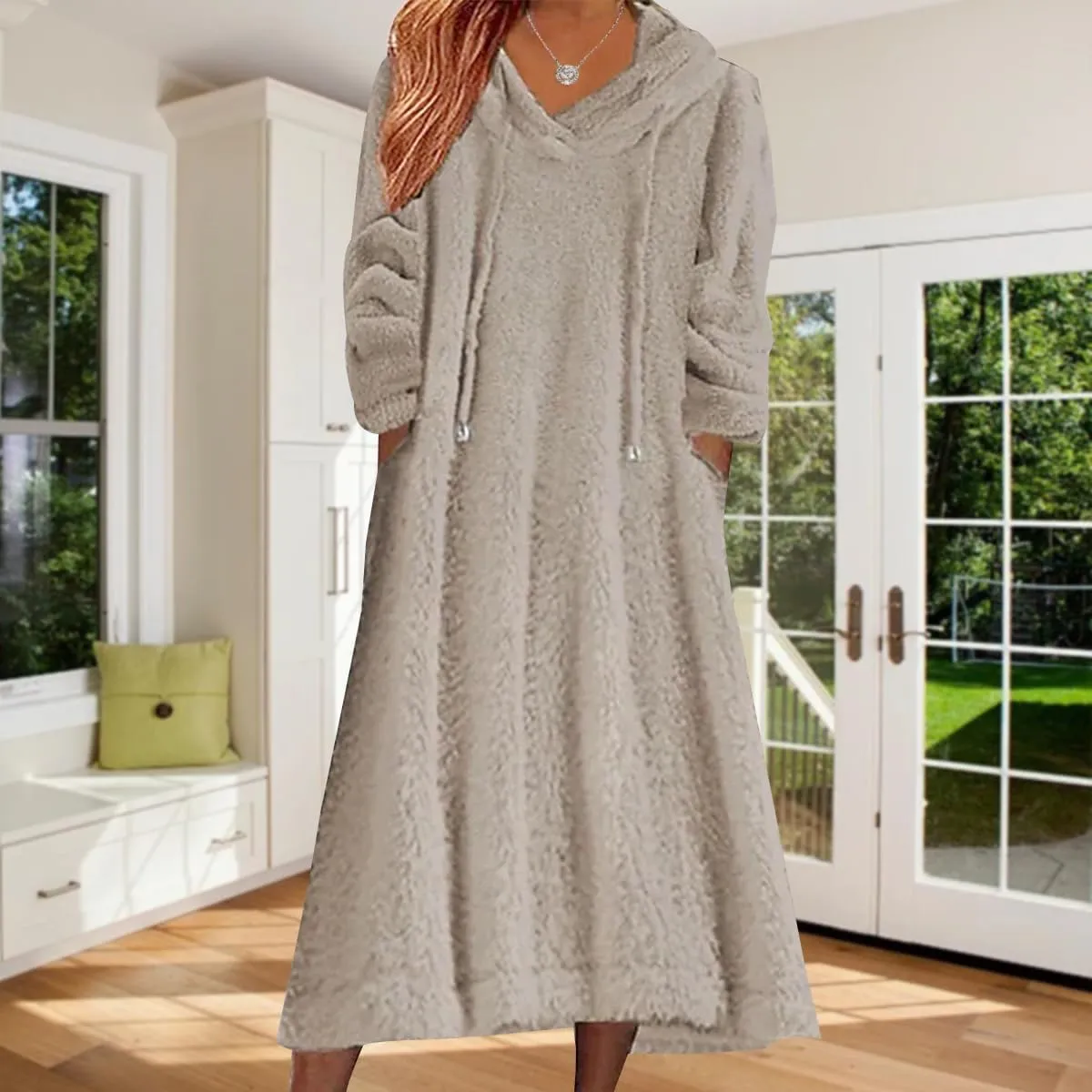 Women's Fuzzy Fleece Hoodie Maxi Dress Fall Winter Casual Long Sleeve Flannel A Line Sherpa Hooded Sweatshirt Dress