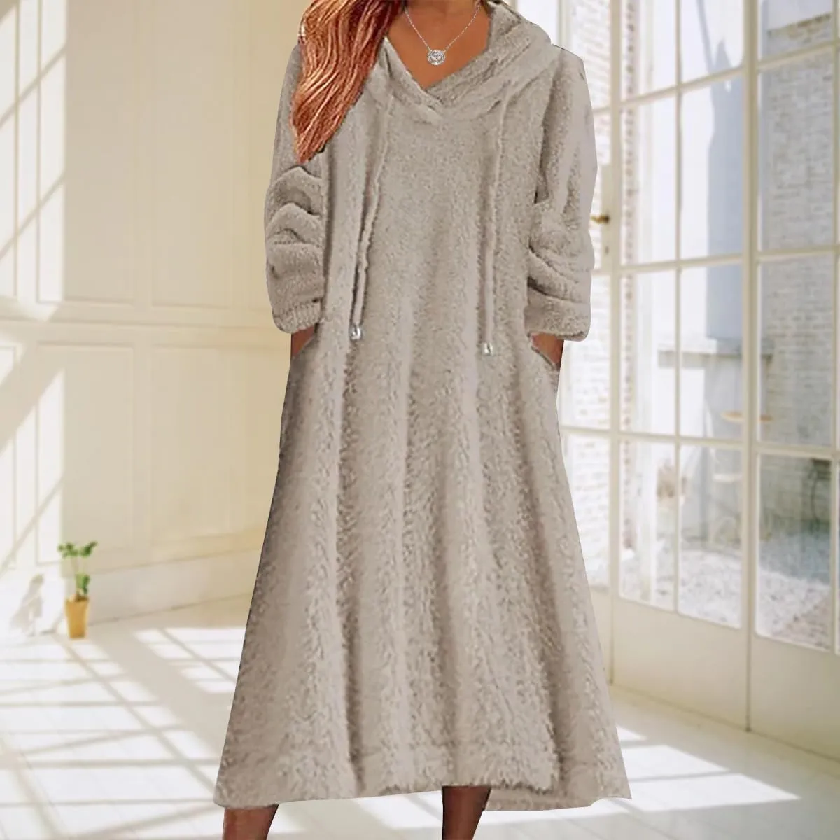 Women's Fuzzy Fleece Hoodie Maxi Dress Fall Winter Casual Long Sleeve Flannel A Line Sherpa Hooded Sweatshirt Dress