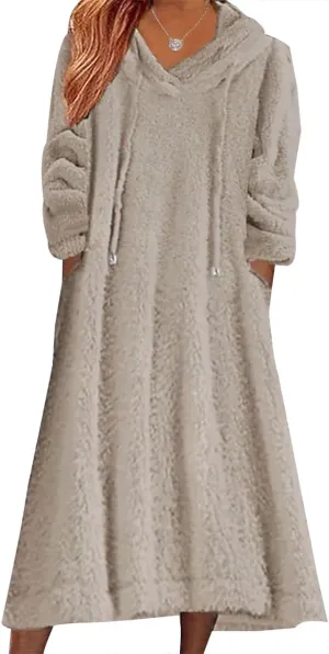 Women's Fuzzy Fleece Hoodie Maxi Dress Fall Winter Casual Long Sleeve Flannel A Line Sherpa Hooded Sweatshirt Dress
