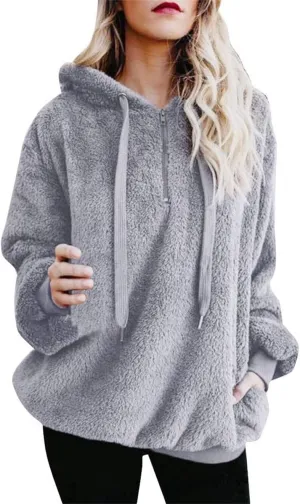 Womens Fuzzy Hoodies Sherpa Fleece Lined Sweatshirts Half Zipper Long Sleeve Pullover Casual Sport Hoodie Tops