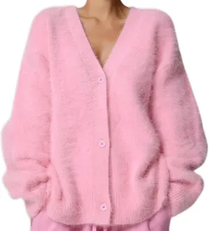 Women's Fuzzy Knit Cardigan Button Down V Neck Loose Oversized Slouchy Furry Sweater Coat Outwear