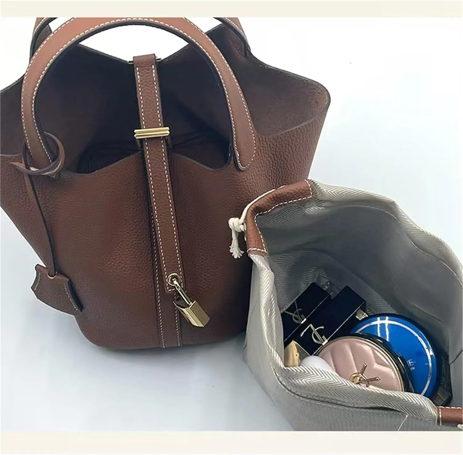 Women's Genuine Leather Basket Bag, Top Layer Cowhide Bucket Bag(01)