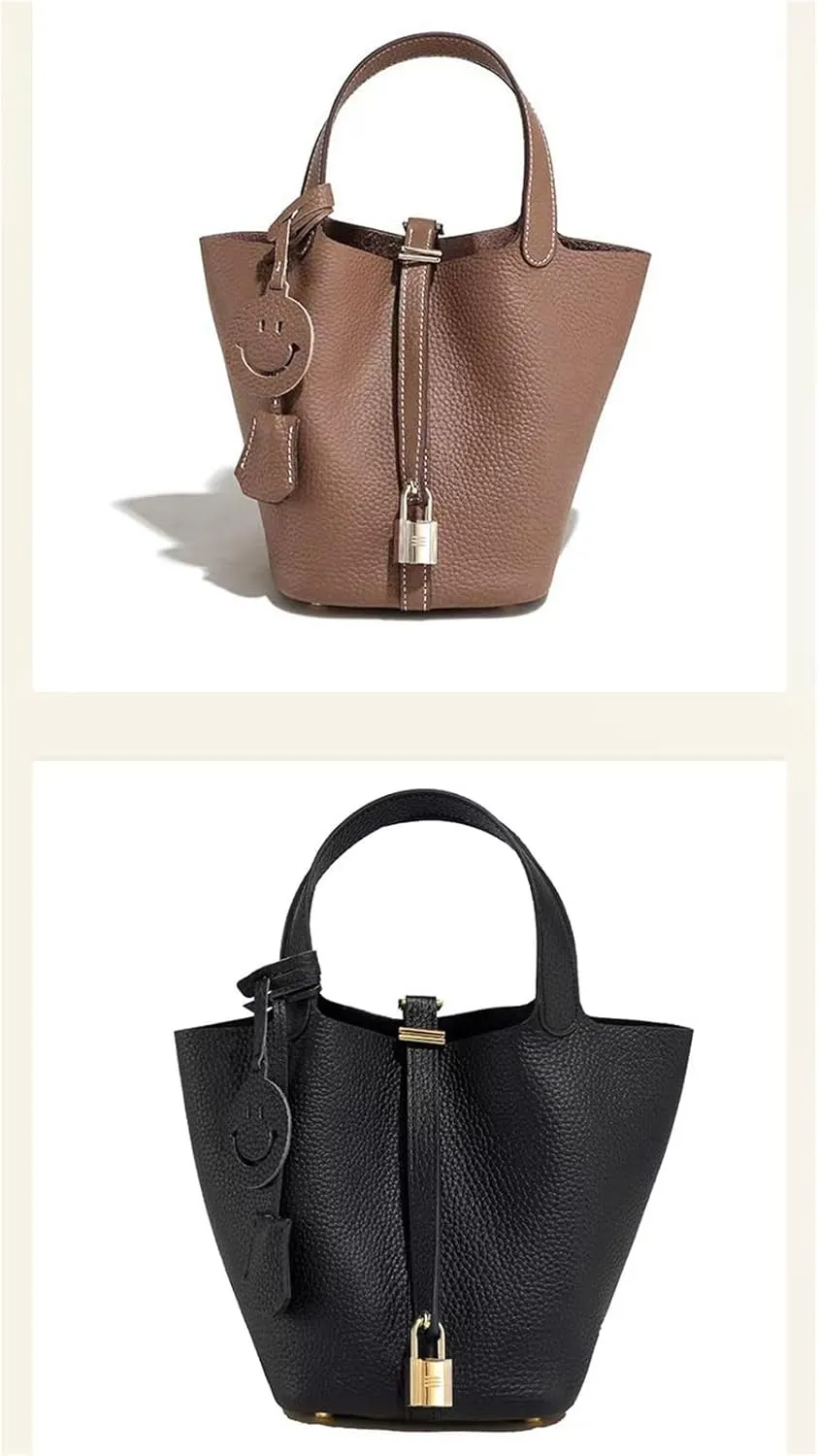 Women's Genuine Leather Basket Bag, Top Layer Cowhide Bucket Bag(01)