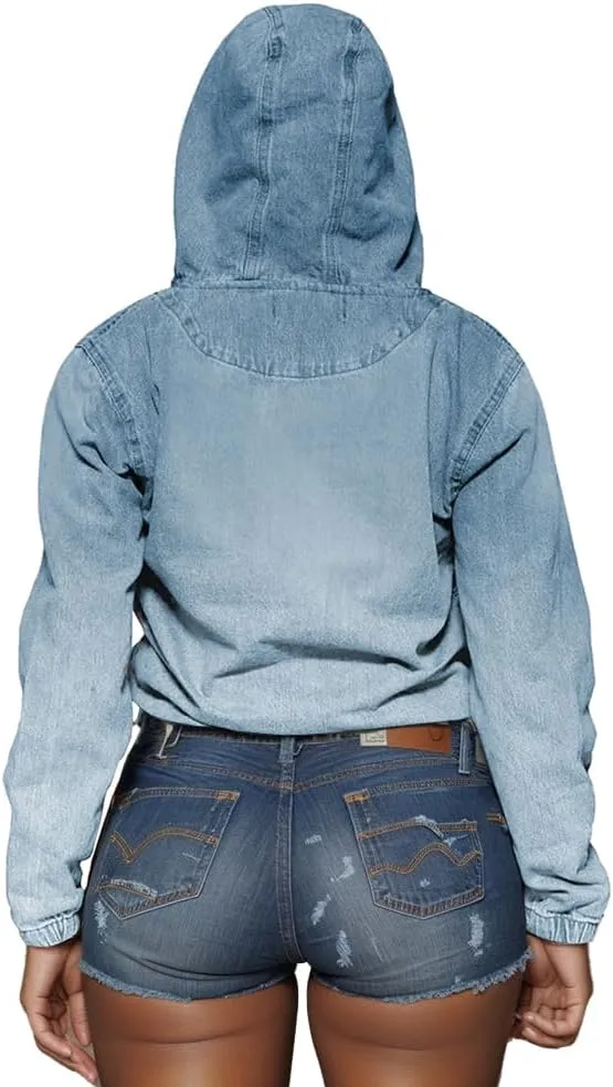 Women's Half Zip Denim Hoodie Pullover Jacket Jean Tops