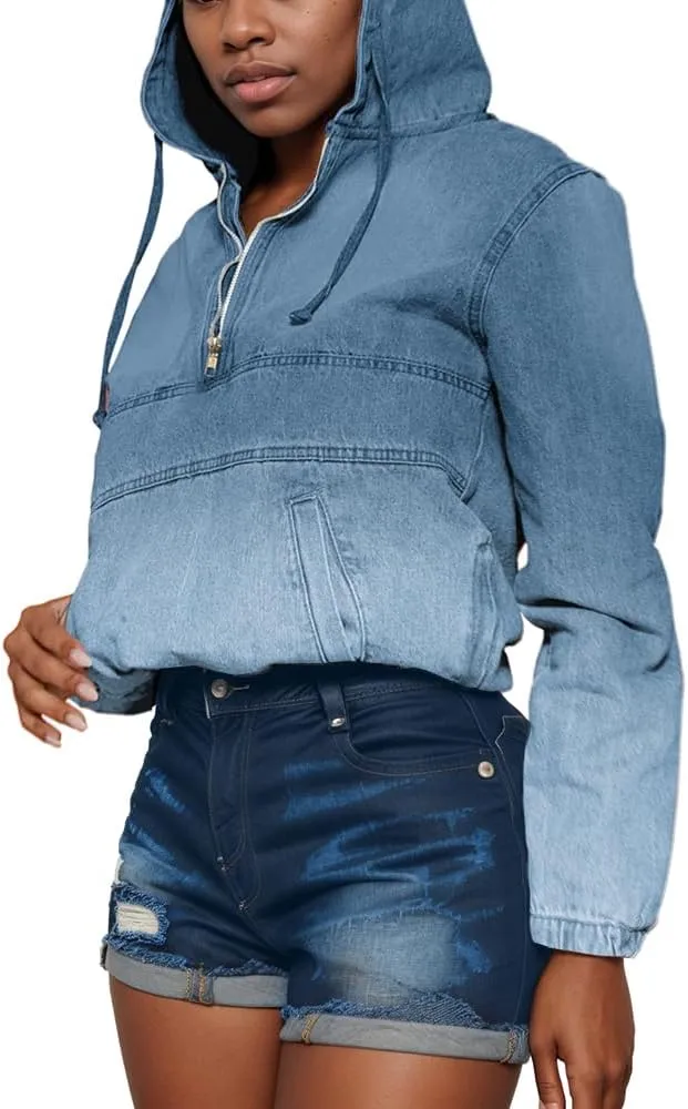 Women's Half Zip Denim Hoodie Pullover Jacket Jean Tops