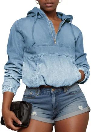 Women's Half Zip Denim Hoodie Pullover Jacket Jean Tops