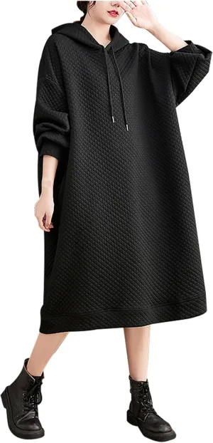 Women's Hooded Sweatshirt Dress Oversized Pullover Dresses Loose Fit Waffle Casual Hoodie Maxi Dress with Pockets