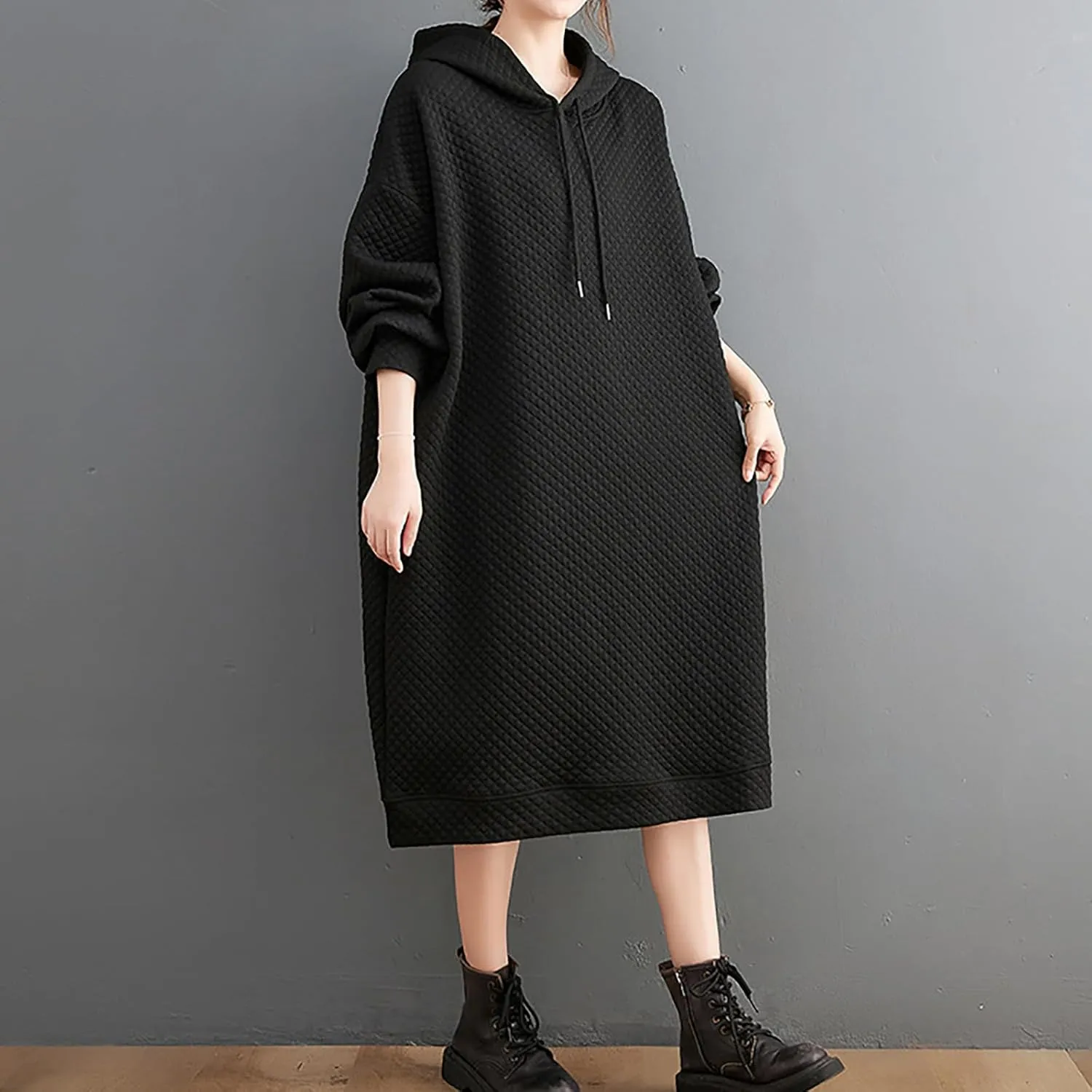 Women's Hooded Sweatshirt Dress Oversized Pullover Dresses Loose Fit Waffle Casual Hoodie Maxi Dress with Pockets