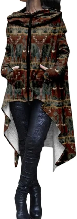 Womens Hoodies Cloak Oversized Aztec Fall High Low Pullover Robe Poncho Shirt Dress Hooded Sweatshirt with Pocket