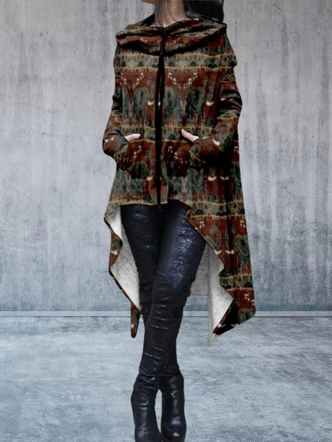 Womens Hoodies Cloak Oversized Aztec Fall High Low Pullover Robe Poncho Shirt Dress Hooded Sweatshirt with Pocket