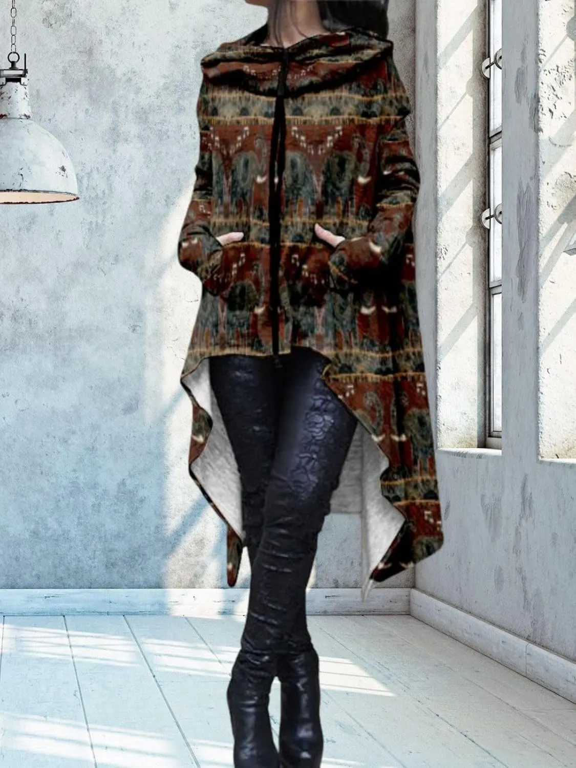 Womens Hoodies Cloak Oversized Aztec Fall High Low Pullover Robe Poncho Shirt Dress Hooded Sweatshirt with Pocket